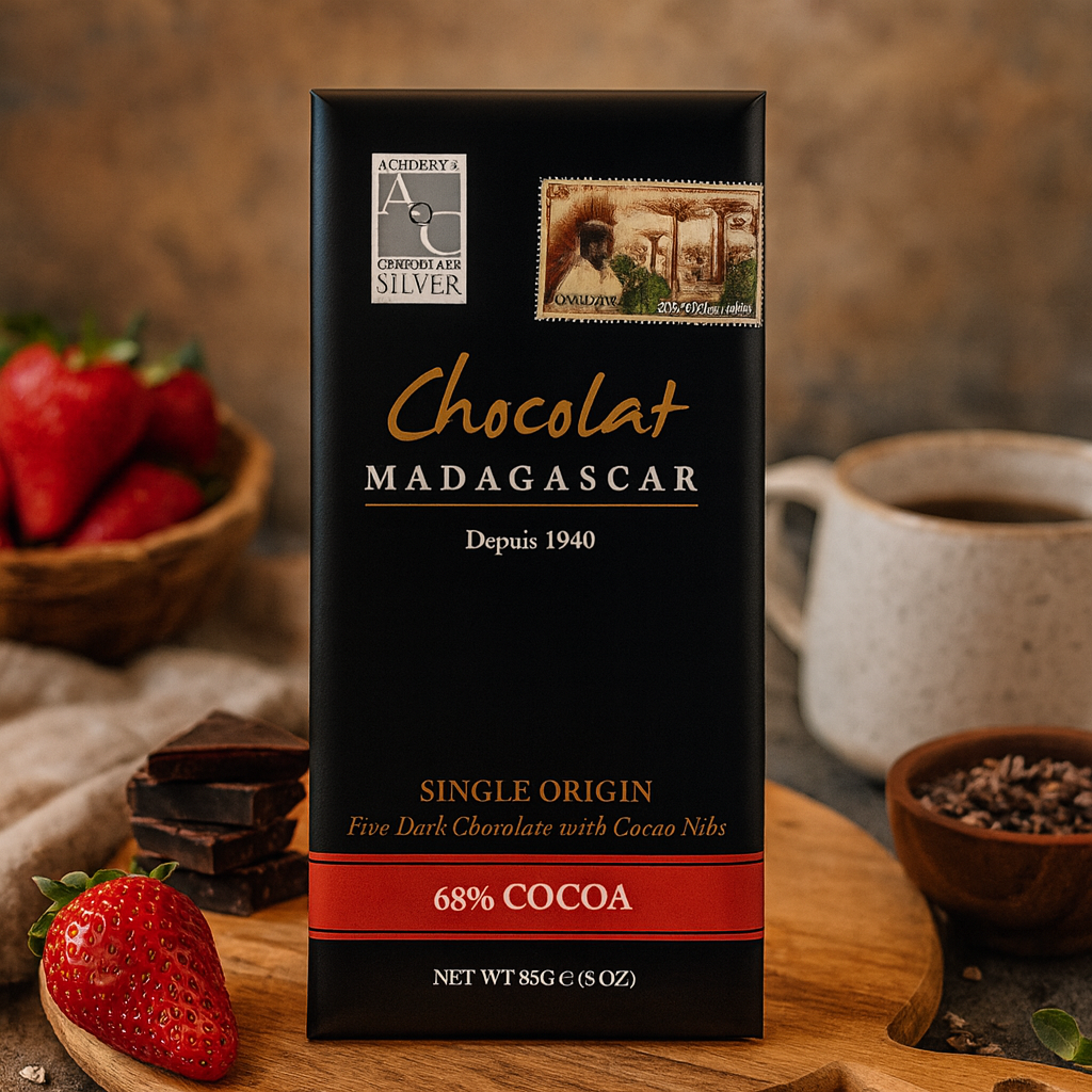 A bar of Chocolat Madagascar 68% Cocoa with cacao nibs stands upright on a wooden board, surrounded by fresh strawberries, stacked chocolate pieces, a small bowl of cacao nibs, and a cup of coffee in a ceramic mug.